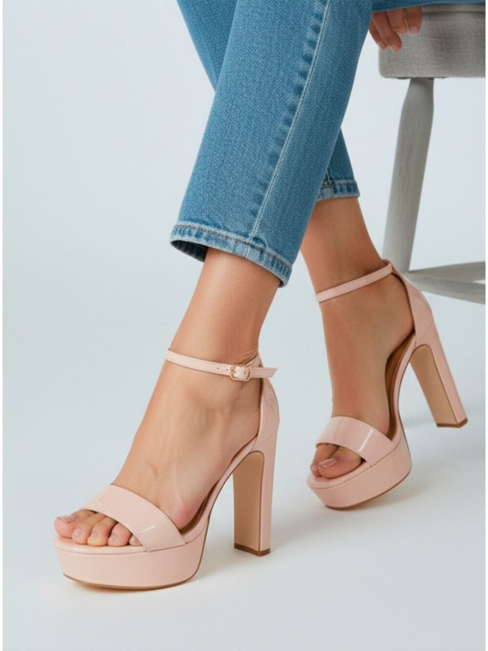Patent Nude Platform Heels With Ankle Strap & Block Heel - Elegant Evening Style